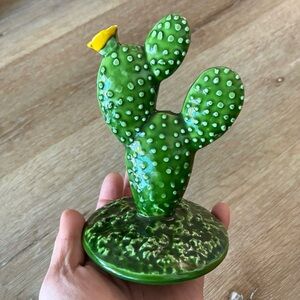 Vintage Ceramic Cactus Figurine w Yellow Flower Top Green Spotted
